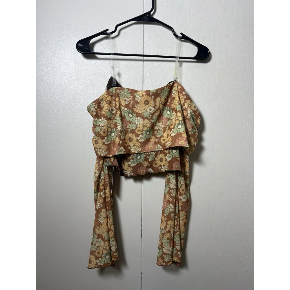 Verdusa 70s Off Shoulder Flare Sleeve Ruched Tee XL Floral Lettuce Trim Crop